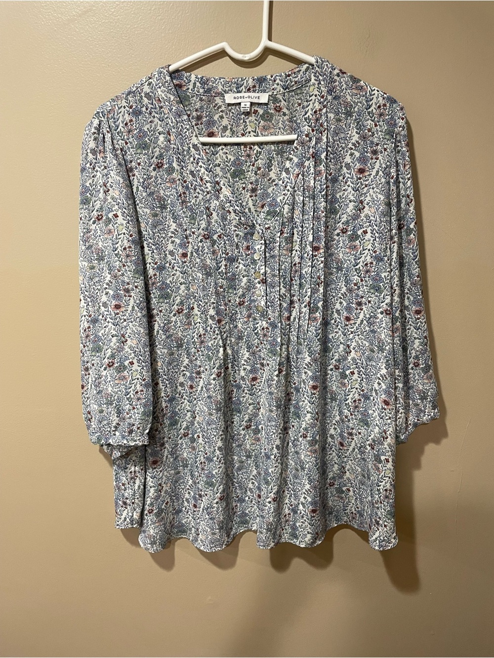 Rose & Olive Cream Floral Blouse with Pink, Green & Blue Accents